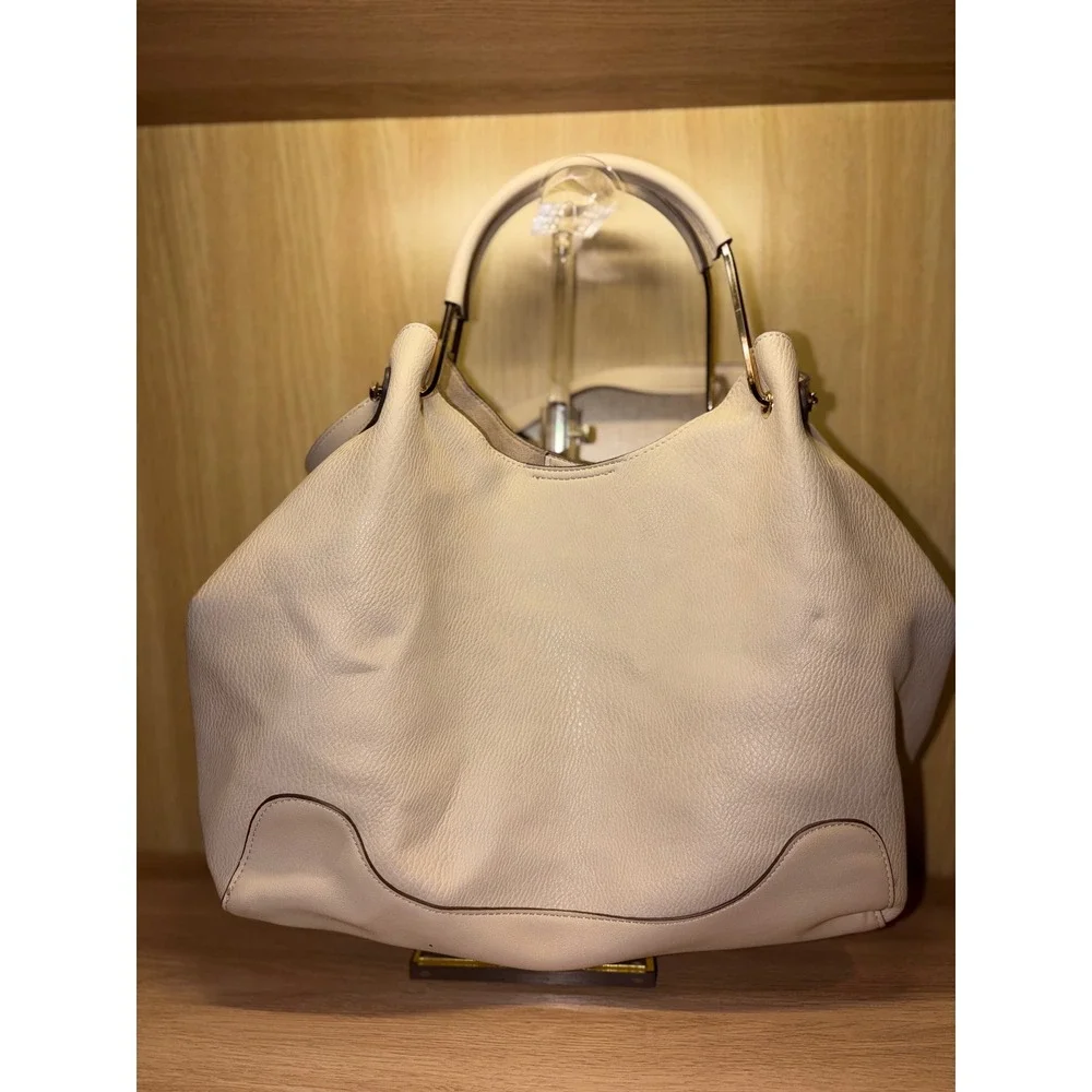 Sondra Roberts Squared Cream Pebbled Vegan Leather Hobo Bag Gold Hardware